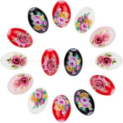 ARRICRAFT 24Pcs 6 Colors Printed & Spray Painted Opaque Glass Beads, Oval with Floral Pattern, Mixed Color, 15x10mm, Hole: 1.6mm, 4pcs/color(DGLA-AR0001-06)