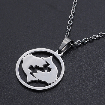 201 Stainless Steel Pendants Necklaces, with Cable Chains and Lobster Claw Clasps, Flat Round with Constellation/Zodiac Sign, Pisces, 15-3/4 inch(40cm), 1.5mm