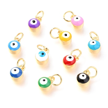 Brass Enamel Pendants, Long-Lasting Plated, Real 18K Gold Plated, with Jump Rings, Column with Evil Eye, Mixed Color, 8x5.5x4.5mm,Jump Ring: 5x0.6mm, 3mm inner diameter