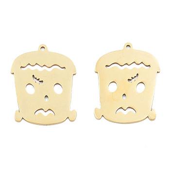 Ion Plating(IP) 201 Stainless Steel Pendants, Halloween Style, Human Face, Real 18K Gold Plated, 27x21x1mm, Hole: 1.4mm