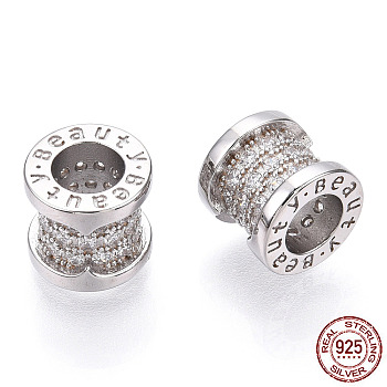 Rhodium Plated 925 Sterling Silver Micro Pave Cubic Zirconia Beads, Column with Word Beauty, Nickel Free, Real Platinum Plated, 8.5x8mm, Hole: 4.5mm