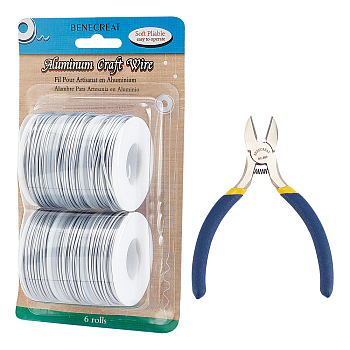BENECREAT Round Aluminum Wire, with Iron Side Cutting Pliers, Silver, 15 Gauge, 1.5mm, 10m/roll, 6 rolls