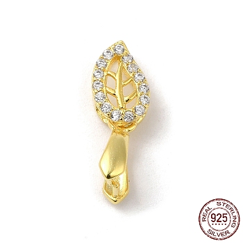 Rack Plating 925 Sterling Silver Ice Pick Pinch Bails, with Micro Pave Clear Cubic Zirconia, Leaf, with S925 Stamp, Real 18K Gold Plated, 16x6mm, Hole: 4.5x2mm, Pin: 0.9mm