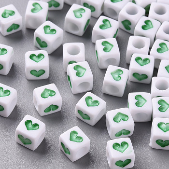 White Opaque Acrylic Beads, Cube with Heart, Lime Green, 6.5x6x6mm, Hole: 3mm