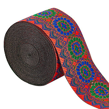 Ethnic Style Polyester Ribbon, Garment Accessories, Flower Pattern, 2 inch(50mm), about 7.66 Yards(7m)/roll, 1 roll/bag