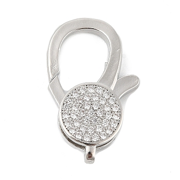 Brass Micro Pave Clear Cubic Zirconia Lobster Claw Clasps, Rack Plating, Long-Lasting Plated, Cadmium Free & Lead Free, Flat Round, Platinum, 29.5x18x6.5mm, Hole: 1.5mm