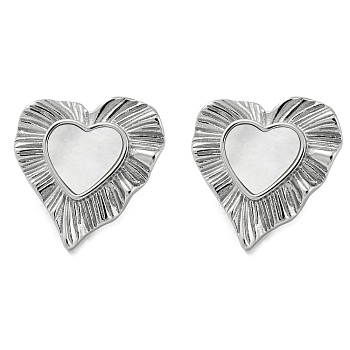 304 Stainless Steel Heart Stud Earrings, with Natural Shell, Stainless Steel Color, 26x25mm