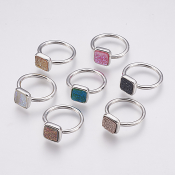 Druzy Resin Cuff Rings, Open Rings, with Brass Findings, Square, Size 7, Platinum, Mixed Color, 17mm