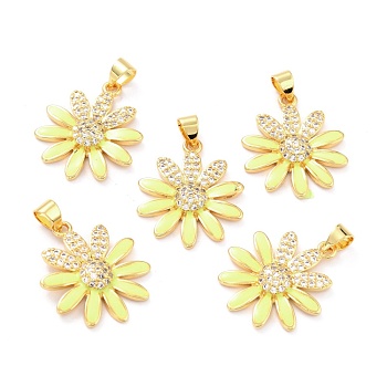 Real 18K Gold Plated Brass Micro Pave Cubic Zirconia Pendants, with Enamel, Long-Lasting Plated, Flower, Yellow, 22.5x19.5x3.5mm, Hole: 3.5x4mm