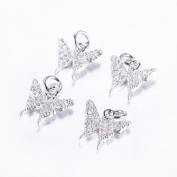 Long-Lasting Plated Brass Micro Pave Cubic Zirconia Charms, Butterfly, Real Platinum Plated, 11x12x2.5mm, Hole: 3mm