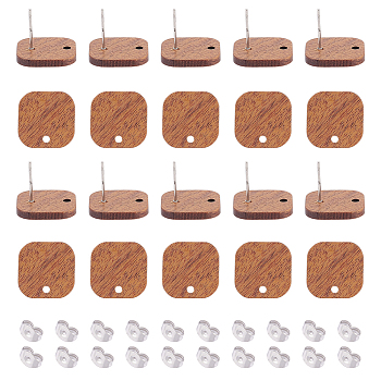 20 Pairs Walnut Wood Square Stud Earring Findings, with 40Pcs 304 Stainless Steel Friction Ear Nuts, Chocolate, 16x16mm, Hole: 1.8mm, Pin: 0.7mm