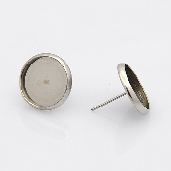 304 Stainless Steel Flat Round Stud Earring Settings, Stainless Steel Color, Tray: 10mm, 12mm, Pin: 1mm