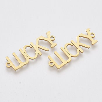 201 Stainless Steel Links connectors, Laser Cut Links, Word Lucky, Golden, 29x9x1mm, Hole: 1.5mm