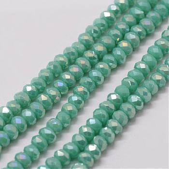 Electroplate Glass Bead Strands, Rondelle, Faceted, Rainbow Plated, Medium Sea Green, 3~3.5x2mm, Hole: 1mm, about 120~125pcs/strand, 12.4 inch