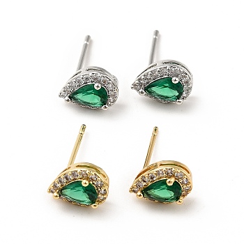 Green Cubic Zirconia Teardrop Stud Earrings, Rack Plating Brass Jewelry for Women, Mixed Color, 9x7mm, Pin: 0.8mm