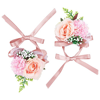 2PCS Silk Wrist Corsage, with Plastic Imitation Flower, for Wedding, Party Decorations, Pink, 350mm