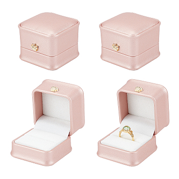 Nbeads PU Leather Ring Gift Boxes, with Golden Plated Iron Crown and Velvet Inside, for Wedding, Jewelry Storage Case, Pink, 5.85x5.8x4.9cm