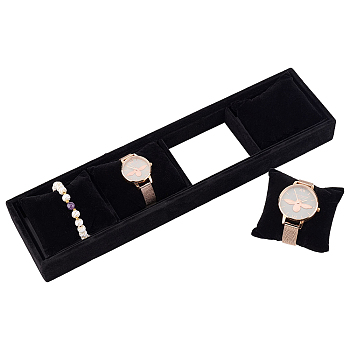 4 Slots Velvet Bracelet Watch Display Holders, with Pillows, Rectangle, Black, 34.2x8.7x3.5cm