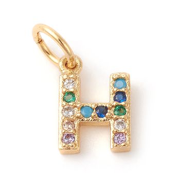 Brass Micro Pave Colorful Cubic Zirconia Charms, Golden, Letter.H, 9x6x2mm, Hole: 3mm