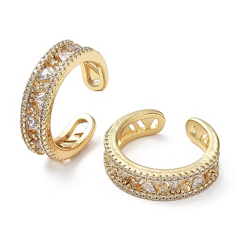 Rack Plating Brass Micro Pave Cubic Zirconia Open Cuff Rings, Cadmium Free & Lead Free, Real 18K Gold Plated, Inner Diameter: 17mm