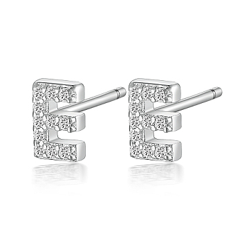 Rhodium Plated 925 Sterling Silver Initial Letter Stud Earrings, with Cubic Zirconia, Platinum, Letter E, 5x5mm