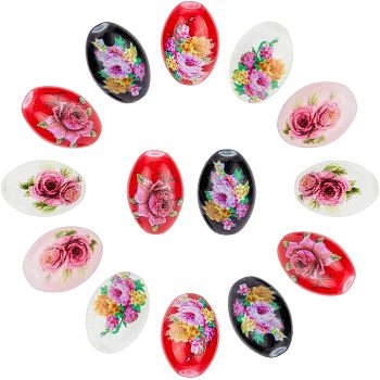 24Pcs 6 Colors Printed & Spray Painted Opaque Glass Beads, Oval with Floral Pattern, Mixed Color, 15x10mm, Hole: 1.6mm, 4pcs/color