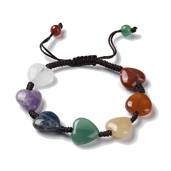 Heart Natural Mixed Gemstone Braided Bead Bracelets, Chakra Theme Adjustable Bracelet, Inner Diameter: 1-5/8~2-1/2 inch(4.2~6.2cm)