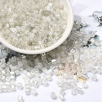 Glass Seed Beads, Transparent Lustered Glass, Square Hole, Square, Floral White, 4x4x4mm, Hole: 1.2mm, 5000pcs/pound