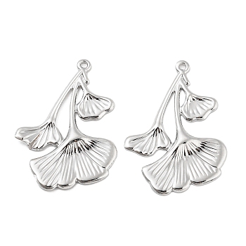 Brass Pendants, Ginkgo Leaf Charms, Real Platinum Plated, 29x22.5x1.8mm, Hole: 1mm