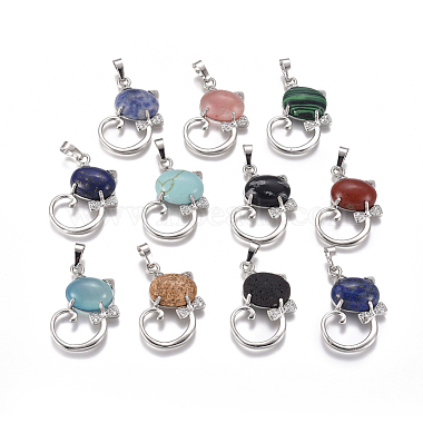 Natural & Synthetic Mixed Gemstone Kitten Pendants(G-L512-R)-2