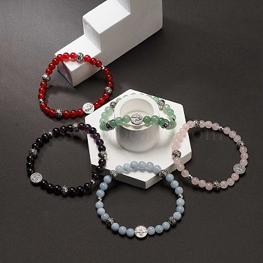 5 pièces 5 style pierres précieuses naturelles et hématite synthétique et alliage saint benoît perlé bracelets extensibles ensemble pour les femmes(BJEW-JB08965)-2