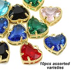 10Pcs Golden Tone Brass Charms, with Glass, Lead Free & Cadmium Free, Long-Lasting Plated, Heart Charm, Faceted, Mixed Color, 11.5x11.5x5.5mm, Hole: 1.2mm(KK-YW0003-72)