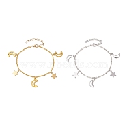 2Pcs 2 Colors 304 Stainless Steel & Iron Cable Chain Bracelets, Moon & Star Charm Bracelets for Women, Golden & Stainless Steel Color, 7-1/2 inch(19.1cm), 1pc/color(BJEW-JB10406)