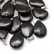 Teardrop Natural Obsidian Pendants, with Platinum Tone Brass Findings, 25~29x16~17x5~6mm, Hole: 2x7mm(G-Q368-28)