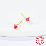 Golden Sterling Silver Micro Pave Cubic Zirconia Stud Earring, Square, Fuchsia, 4x4mm(XN7792-7)