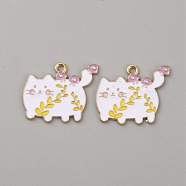 Alloy Enamel Pendants, Light Gold, with Flower Pattern Charm, Cat, 21x25x1.3mm, Hole: 2mm(ENAM-CJC0004-40E)