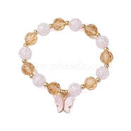 10mm Round Imitation Austrian Crystal & Crackle Acrylic Beaded Stretch Bracelets, Butterfly Alloy Acrylic Charm Bracelets for Women, Pink, Inner Diameter: 1-7/8 inch(4.8cm)(BJEW-JB10556-03)