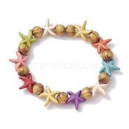 Beach Starfish Dye Synthetic Turquoise Beaded Stretch Barcelets, Summer Wood Beaded Stretch Bracelets for Women, Colorful, Inner Diameter: 1-7/8~2 inch(4.7~5.1cm), Bead: 7x8~8.5mm, Starfish: 14x14mm(BJEW-JB10295-01)
