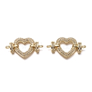 Brass Micro Pave Clear Cubic Zirconia Links Connectors, Long-Lasting Plated, Heart, Real 18K Gold Plated, 18.5x34x4.5mm, Hole: 2mm(ZIRC-B002-24G)