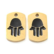 304 Stainless Steel Charms, with Enamel, Real 14K Gold Plated, Rectangle with Hamsa Hand Charm, Black, 8x5x1mm, Hole: 0.7mm(STAS-P333-15G)