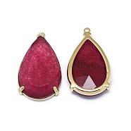 Natural Jade Pendants, with Brass Findings, Faceted, teardrop, Dyed, Golden, Dark Red, 31.5~32.5x18~18.5x5.5~6mm, Hole: 1.4mm(G-E526-08C)