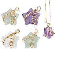 4Pcs Natural Mixed Stone Pendants, Star Charm, with Golden Tone Copper Wire Wrapped, 28~29x19~20x9~11mm, Hole: 2.5~3mm(FIND-FH0005-70)