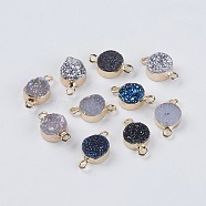 Natural Druzy Agate Links connectors, with Light Gold Plated Brass Findings, Flat Round, Mixed Color, 14.5x8x4~5mm, Hole: 1.5mm(G-L479-34)