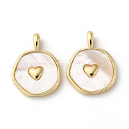 Rack Plating Brass Pendants with Natural Shell, Flat Round Charms with Heart, Long-Lasting Plated, Lead Free & Cadmium Free, Real 18K Gold Plated, 18.5x14x4mm, Hole: 3.5x2mm(X-KK-K332-40G)