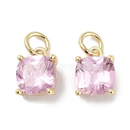 Brass Micro Pave Cubic Zirconia Charms, with Jump Ring, Suqare, Real 18K Gold Plated, Pink, 9.5x7x3.5mm, Hole: 2.5mm(KK-C051-15G-02)