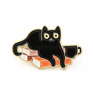 Cat with Word Enamel Pin, Golden Alloy Brooch for Backpack Clothes, Book, 19x31x1.5mm(JEWB-B005-03G-02)