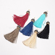 Nylon Tassels Pendant Decorations, with Brass Rhinestone Findings, Golden, Mixed Color, 55~68mm, Hole: 3x4mm(MAK-D019-M)