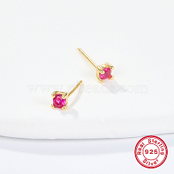 Golden Sterling Silver Micro Pave Cubic Zirconia Stud Earring, Square, Fuchsia, 3.2x3.2mm(XN7792-7)