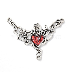 Tibetan Style Alloy Enamel Chandelier Component Links, Rose Vine with Heart, Antique Silver, Red, 38x45x2.5mm, Hole: 1.5mm(TIBE-B002-05AS-01)