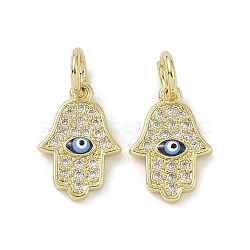 Real 18K Gold Plated Brass Micro Pave Cubic Zirconia Pendants, with Enamel and Jump Ring, Hamsa Hand Charms, Dark Blue, 15x10x2.5mm, Hole: 4mm(KK-L209-065G-01)
